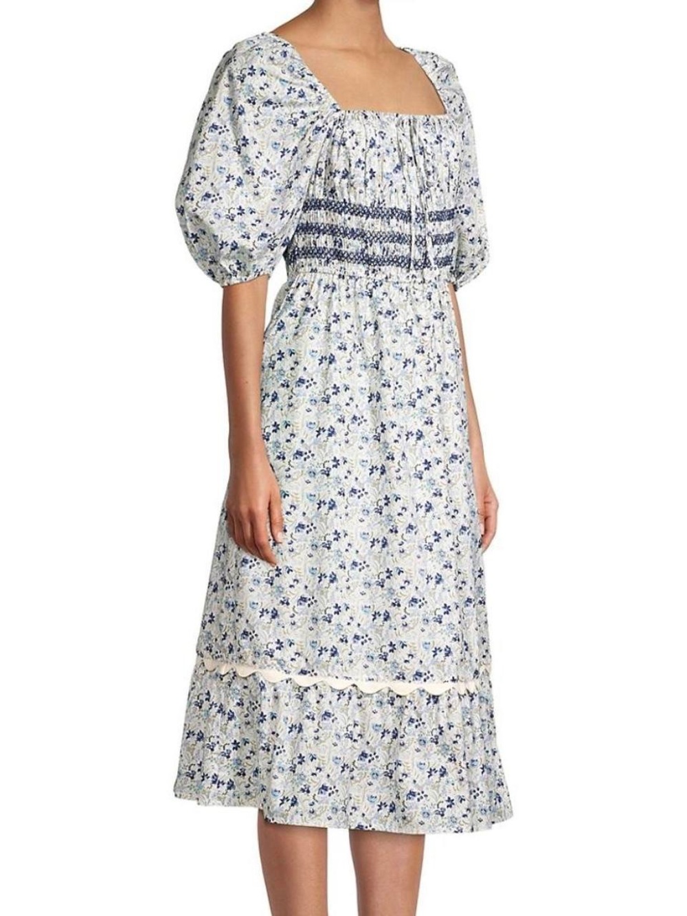 Johnny Was Jade Camille Short Puff Sleeve Midi Ditsy Floral Dress Blue XL READ